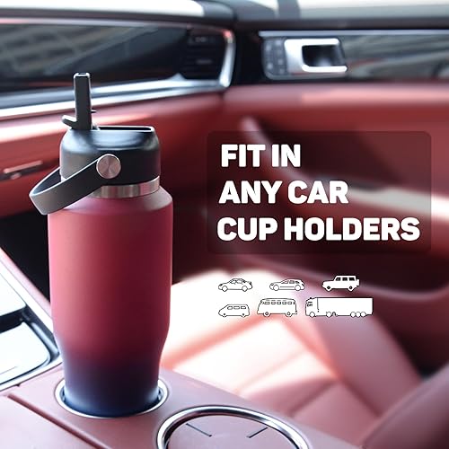 Miniatura 5 de Botella de agua de 32 onzas con recubrimiento en polvo, cabe en cualquier portavasos de automóvil, botella de agua con tapas con pajilla, termo de