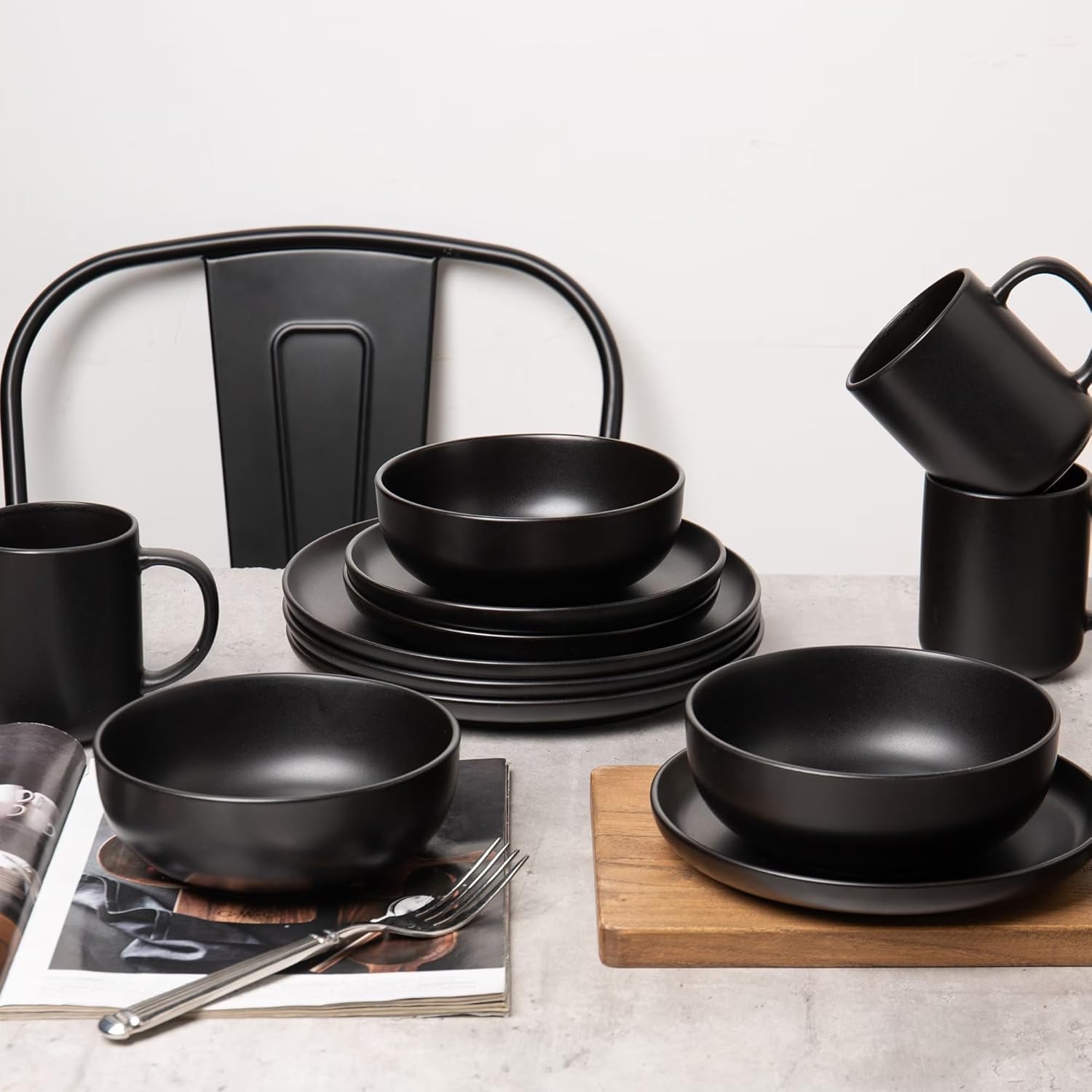 12-Piece Stoneware Dinnerware Set with Mugs | Microwave and Dishwasher Friendly | Stackable Matte Glaze Plates & Bowls | Service for 3 (Black for 3) - Image 9