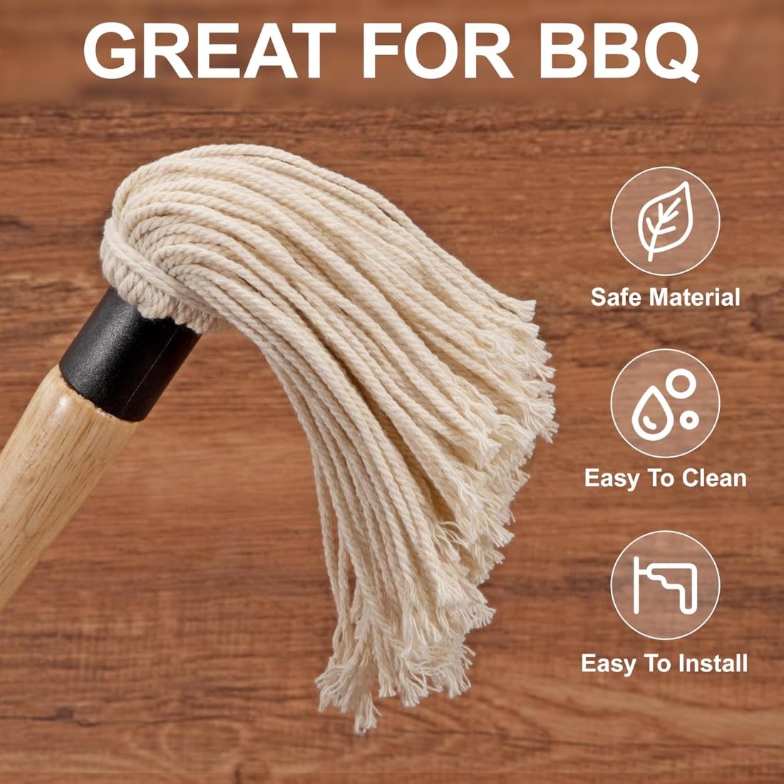 SGERUFZ Pennelli per Barbecue Legno, Spazzole Mocio per Salsa Barbecue Marinate con Manico in Legno, Pennelli Cucina Testa in Cotone Lavabile con 1 Testine di Ricambio, per Arrostire e Grigliare