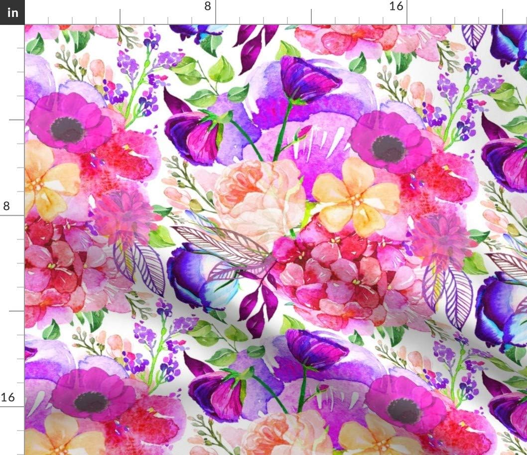 Spoonflower Fabric - Pretty Pink Watercolor Floral Violet Hot Summer Neon Bright Print Printed on Petal Signature Cotton Fabric by The Yard - Sewing Quilting Apparel Crafts Decor