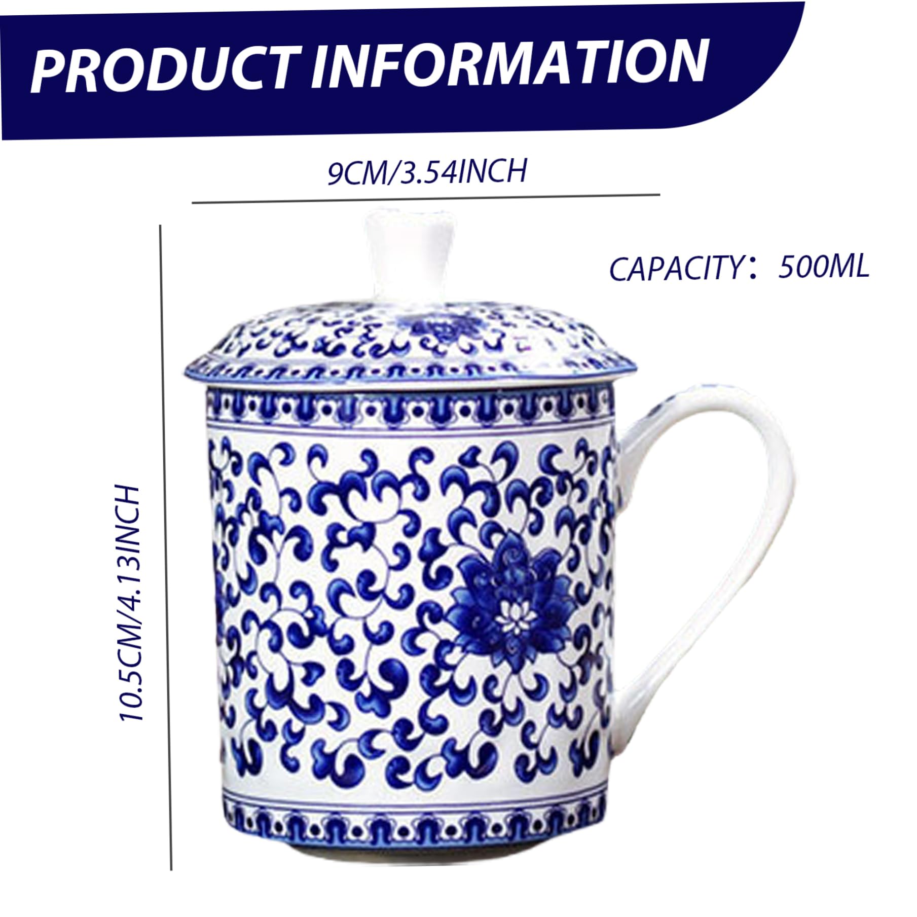Tazza in Ceramica con Coperchio, Tazze da tè Cinesi, Tazza da tè Elegante in Ceramica Blu e Bianca di capacità da 500 ml con Coperchio e Manico per Ufficio Domestico a Foglie sfuse