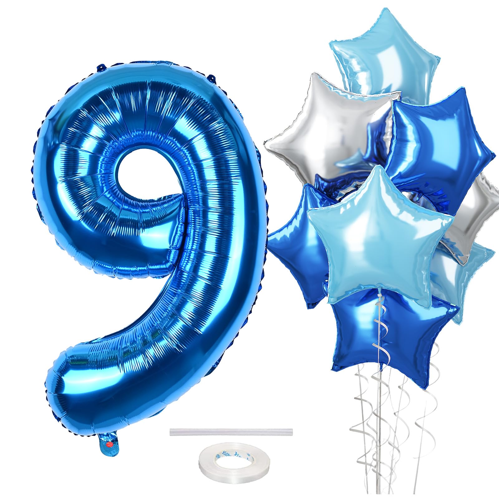 40 Inch Number 9 Balloons for Boys, Dark Metallic Blue Large 9th Birthday Balloon Decor, Light Royal Blue Self Inflating Silver Star 0-9 Foil Mylar