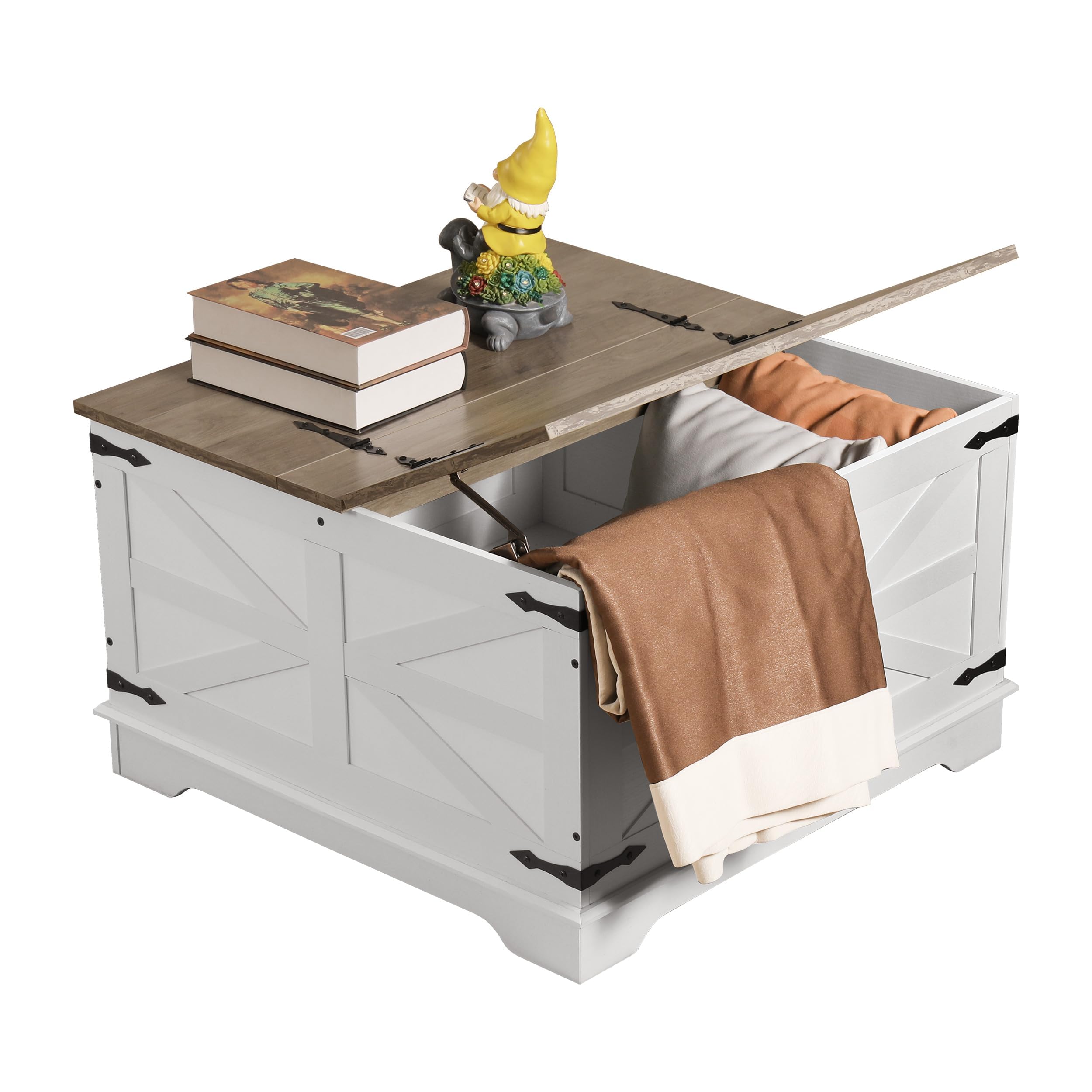 Farmhouse Coffee Table, Heavy-Duty Coffee Table with Storage, Square Wood Center Table Set for Living Room with Pull Up Large Hidden Storage Compartment, Maple White