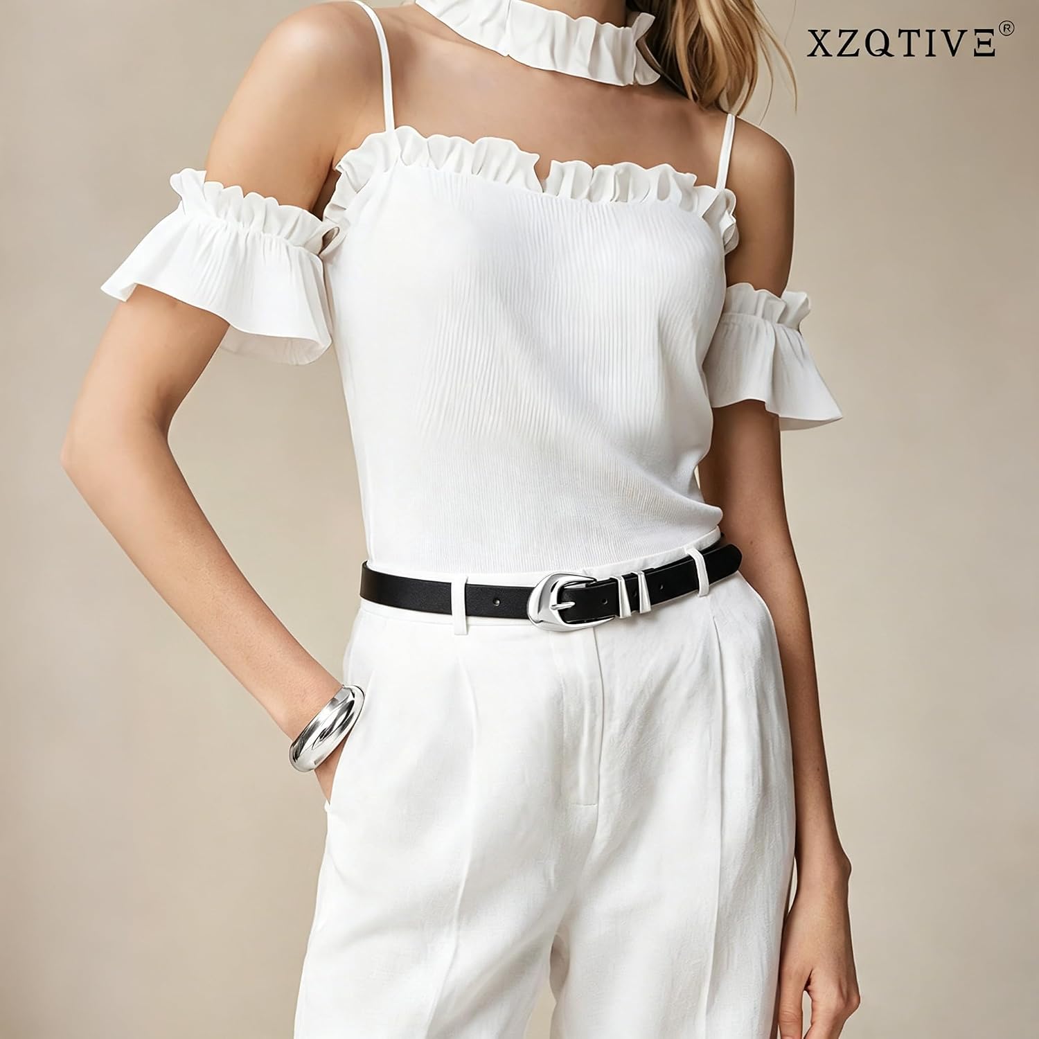 XZQTIVE Women's Skinny Leather Fashion Belt with Gold/Silver Buckle Ladies Thin Waist Belt for Dress Jeans Pants image 2