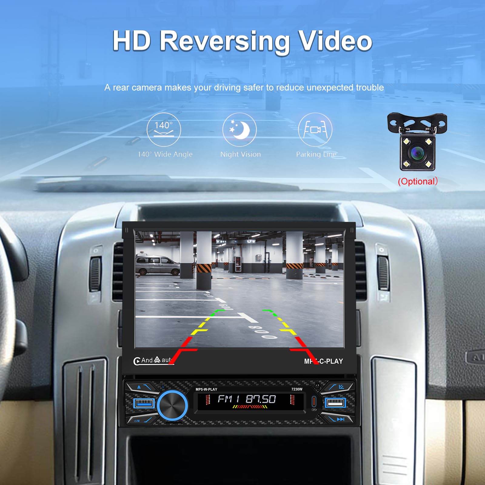 Hikity 7" 1 DIN CarPlay Autoradio avec Bluetooth FM Caméra de Recul | Écran Tactile Android Auto Wireless CarPlay Mirror Link Commandes au Volant USB AUX