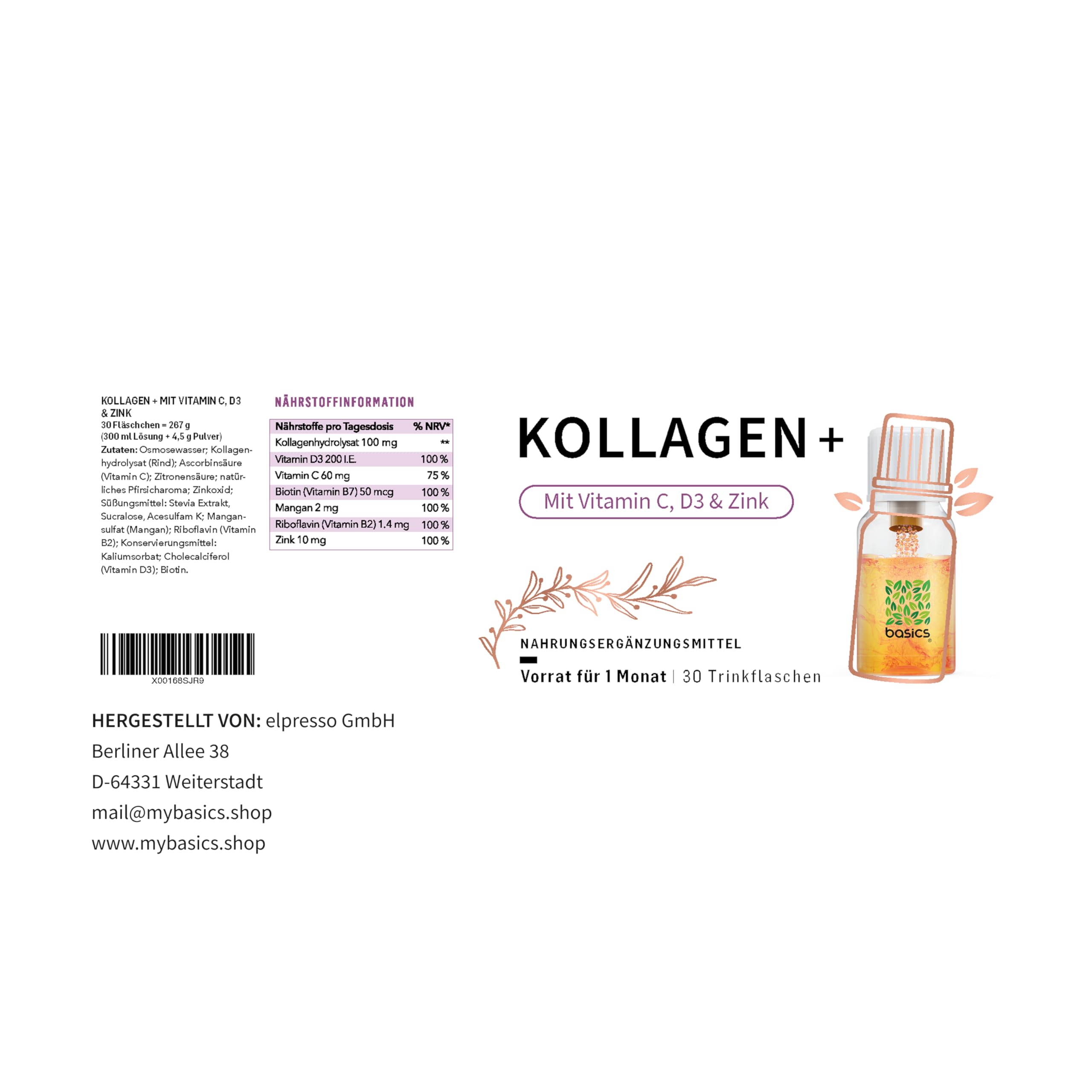 basics Kollagen + mit hochdosiertem Kollagen Hydrolysat, Vitamin C, D3, Biotin und Zink - für den Erhalt von schöner Haut, Haar und Nägeln - 30 Trinkflaschen - 10ml pro Tagesdosis (2er Pack)