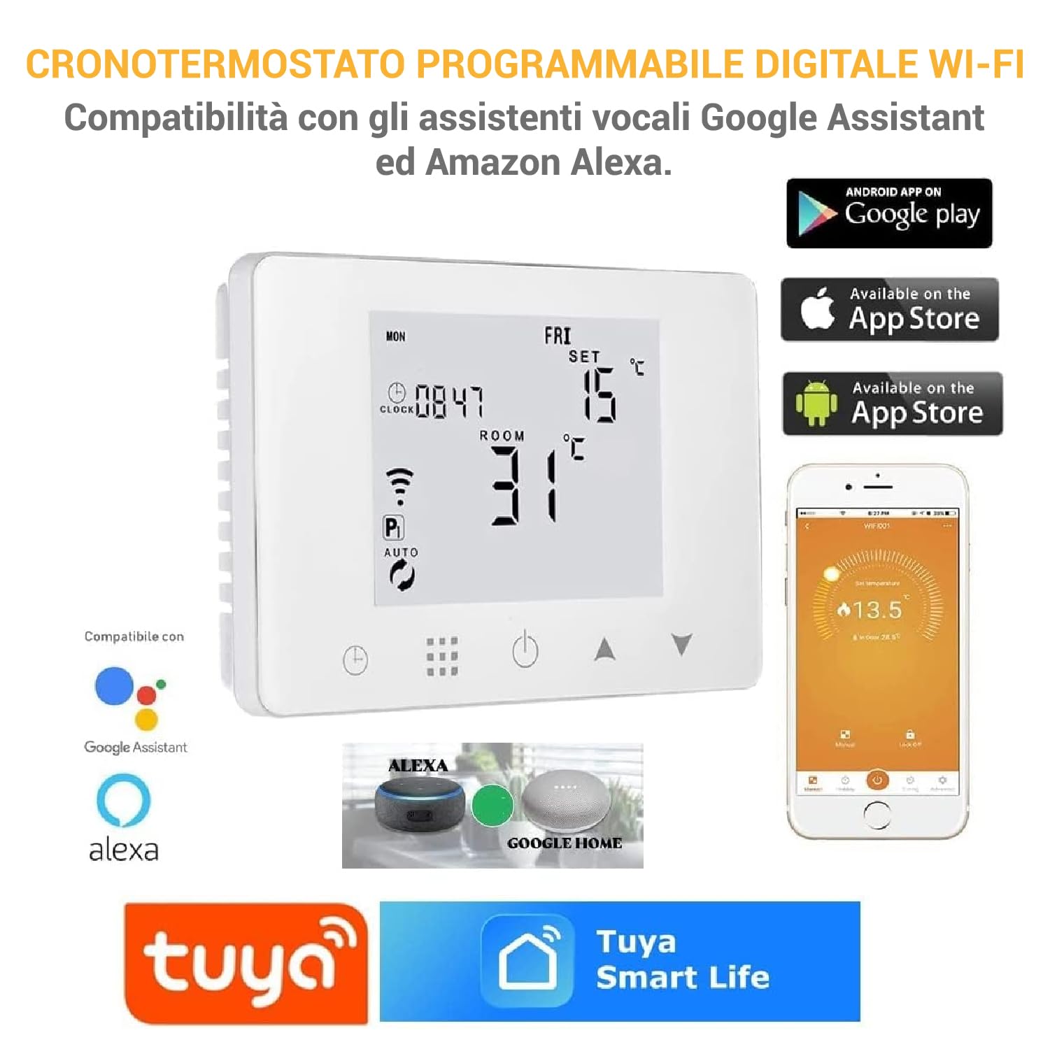 Crisalide ® - Cronotermostato Wi-Fi digital programable con control remoto y compatibilidad inteligente, compatible con Google y Alexa, blanco