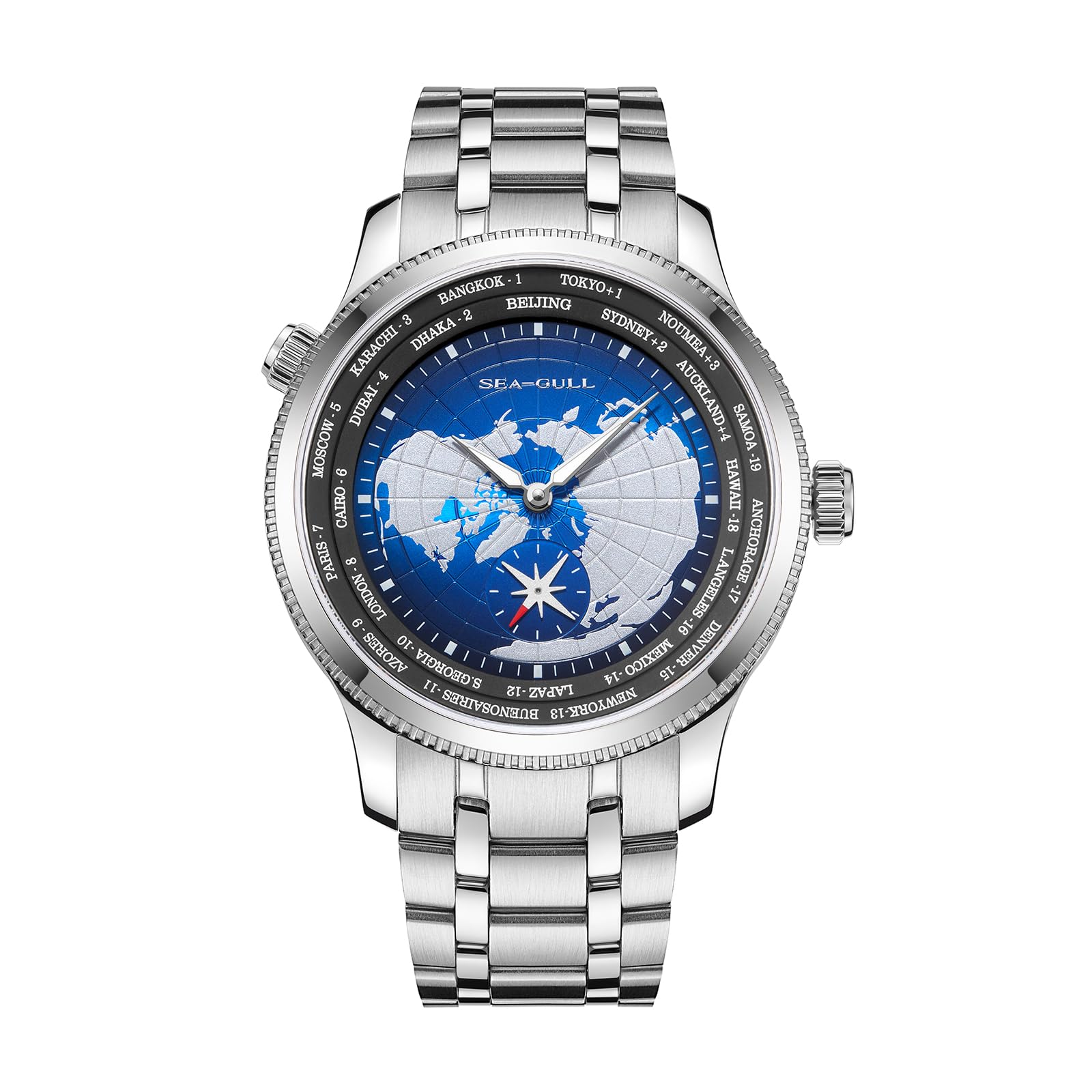 Seagull Automatische mechanische Herrenuhr, 41 mm GMT Weltzeit mit Sekundenzifferblatt, 5 ATM wasserdicht, leuchtende Armbanduhr, 6202