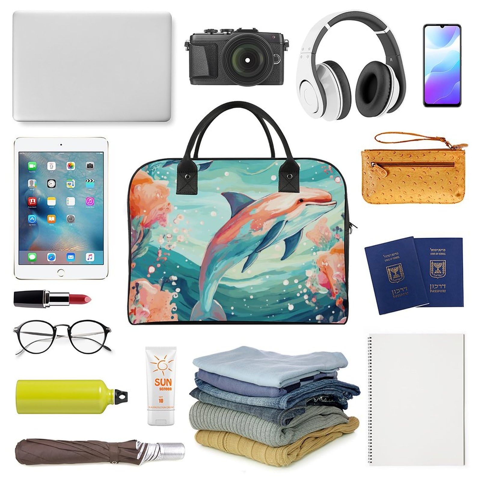 Multifunktionale Reisetasche, schöner Delfin-Druck, Reisetasche, Handgepäcktasche, Übernachtungstasche, Wochenendtasche, Schwarz, Einheitsgröße, Schwarz, Einheitsgröße