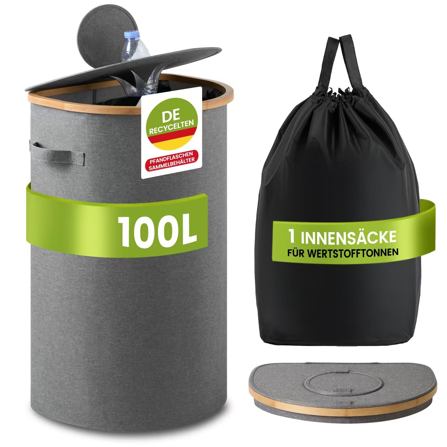 REKITA Contenitore Per Raccolta Bottiglie 100L – 2 Pezzi Con Coperchio E Sacchetti Interni Rimovibili, Contenitore Vuoto Per Vuoti A Rendere, Plastica E Lattine, Design Curvo Grigio/Beige/Nero