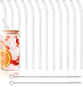12 Pack Reusable Glass Straws - 8" x 8 MM, Bent Glass Drinking Straws with 2 Cleaning Brushes, Reusable Straws for Smoothies, Milkshake, Frozen Drinks, Tea, Juice