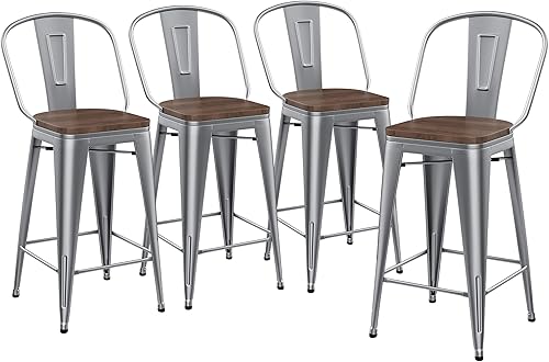 Miniatura 9 de Yongqiang Taburetes de bar de 24 pulgadas juego de 4 sillas de altura de mostrador de metal con respaldo alto con asiento de madera sillas de bar