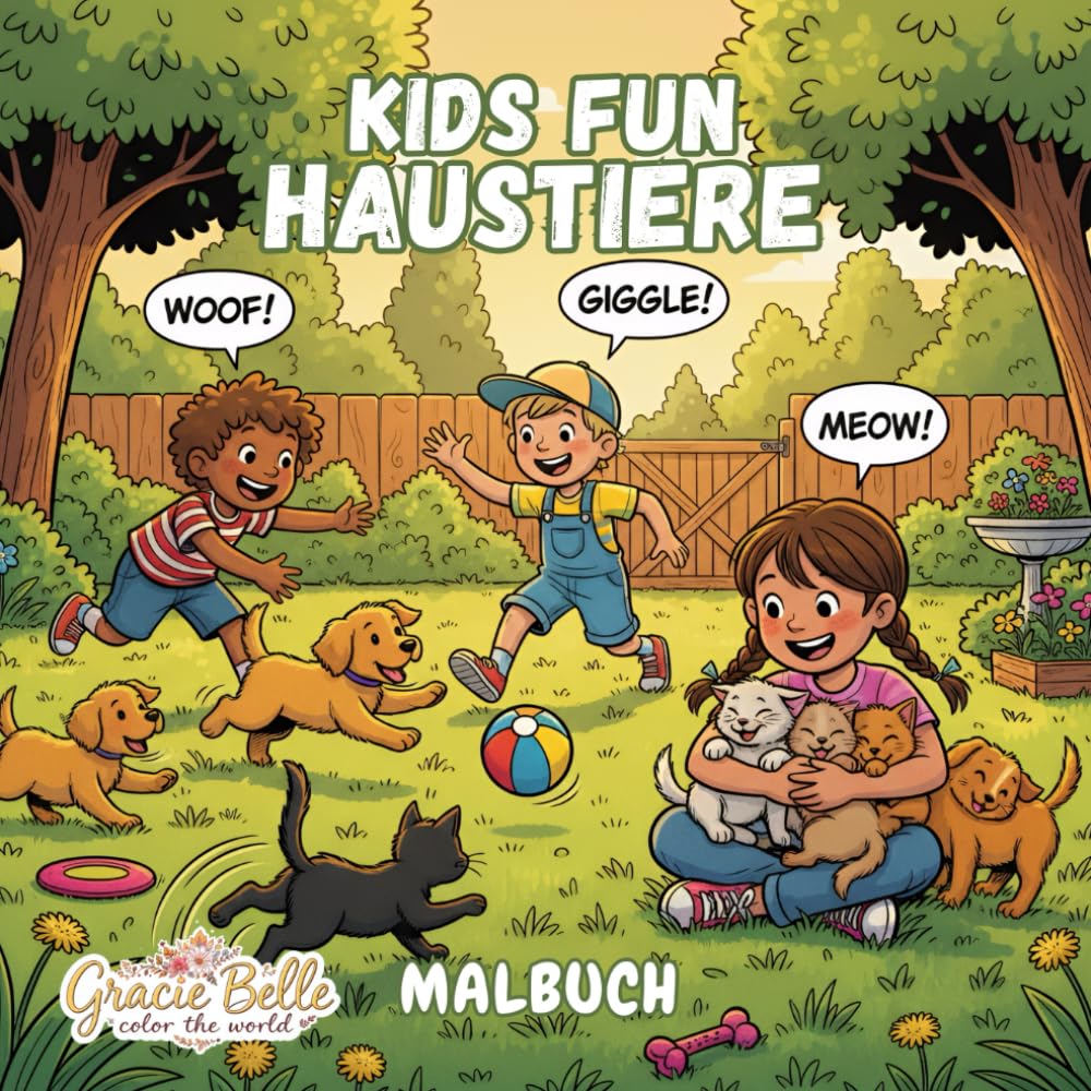 Kids Fun Haustiere Malbuch: Tierischer Ausmalspaß für kleine Künstler – fröhliche Haustiere und liebevolle Szenen mit Kindern