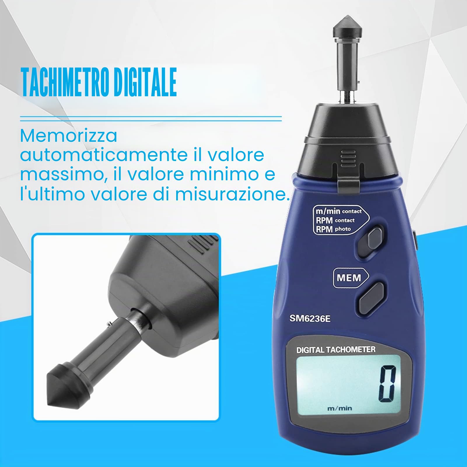 Contagiri Digitale, SM6236E Contagiri Professionale Senza con Precisione 2,5 a 99.999 RPM, Kit Contagiri Tachimetro Digitale LCD a 5 Cifre 18 Mm Tester di Rotazione