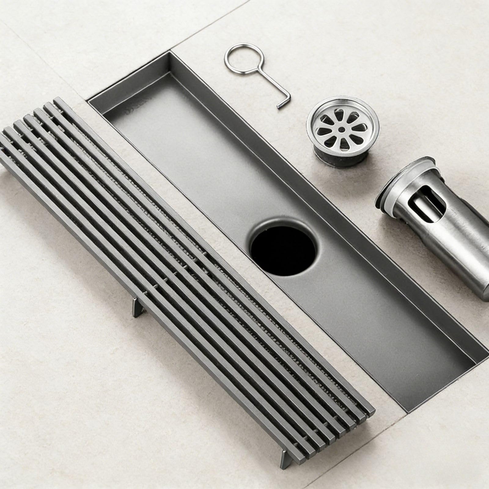50cm 60cm 70cm 80cm 90cm Caniveau Douche Italienne avec Grille Amovible Caniveau de Douche Rectangulaire de Acier Inoxydable Siphon de Sol avec Anti-Blocage Filtre Gris(8 * 60cm)