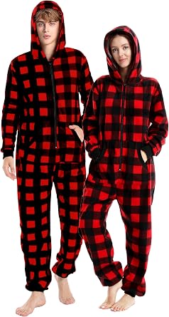 Loiahoer Unisex Adults Buffalo Plaid Onesie Pajamas Hooded Christmas PJS for Family Jumpsuit Thermal with Pockets Zipper
