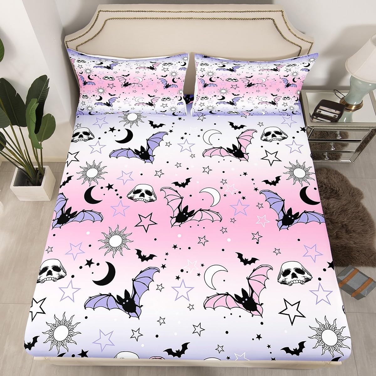 Feelyou Kids Halloween Bat Skull Decorations Sheet Set Twin Size Stars Moon Galaxy Bedding Set Toddlers Teens Gradient Pastel Pink Purple Fitted Sheet