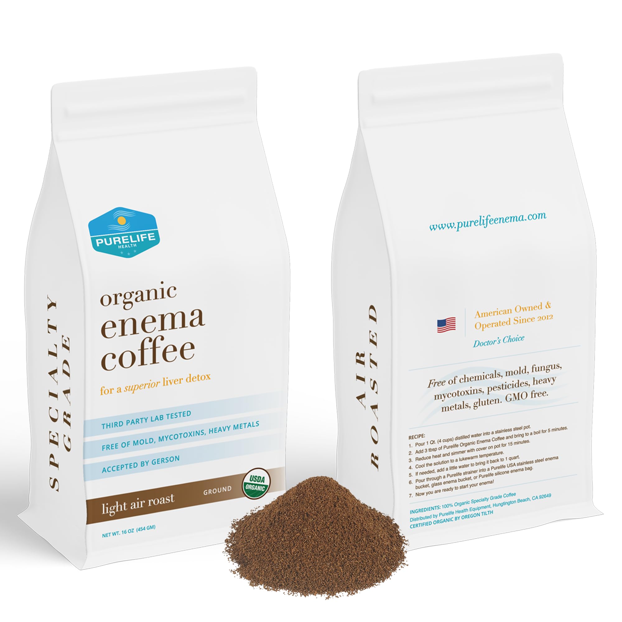Purelife Enema Coffee - Organic - Light "Air" Roast - Ground - Third Party Lab Tested - No Contaminants Gerson Approved - Gerson Accepted