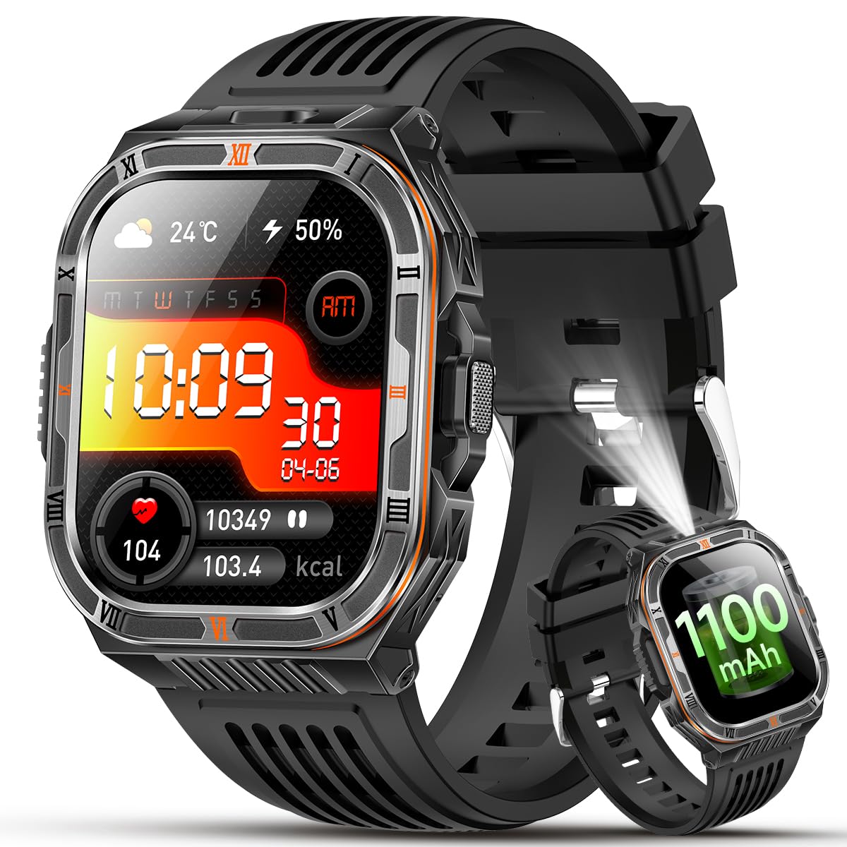 2026 Nuovo Smartwatch Uomo,1100mAh/2.01" Smartwatch Militare Uomo Fitness Con Bluetooth,110+ Modalità Sportive Orologio Intelligente Fitness Con Cardiofrequenzimetro/SpO2/ Bussol/Torcia, iOS Android