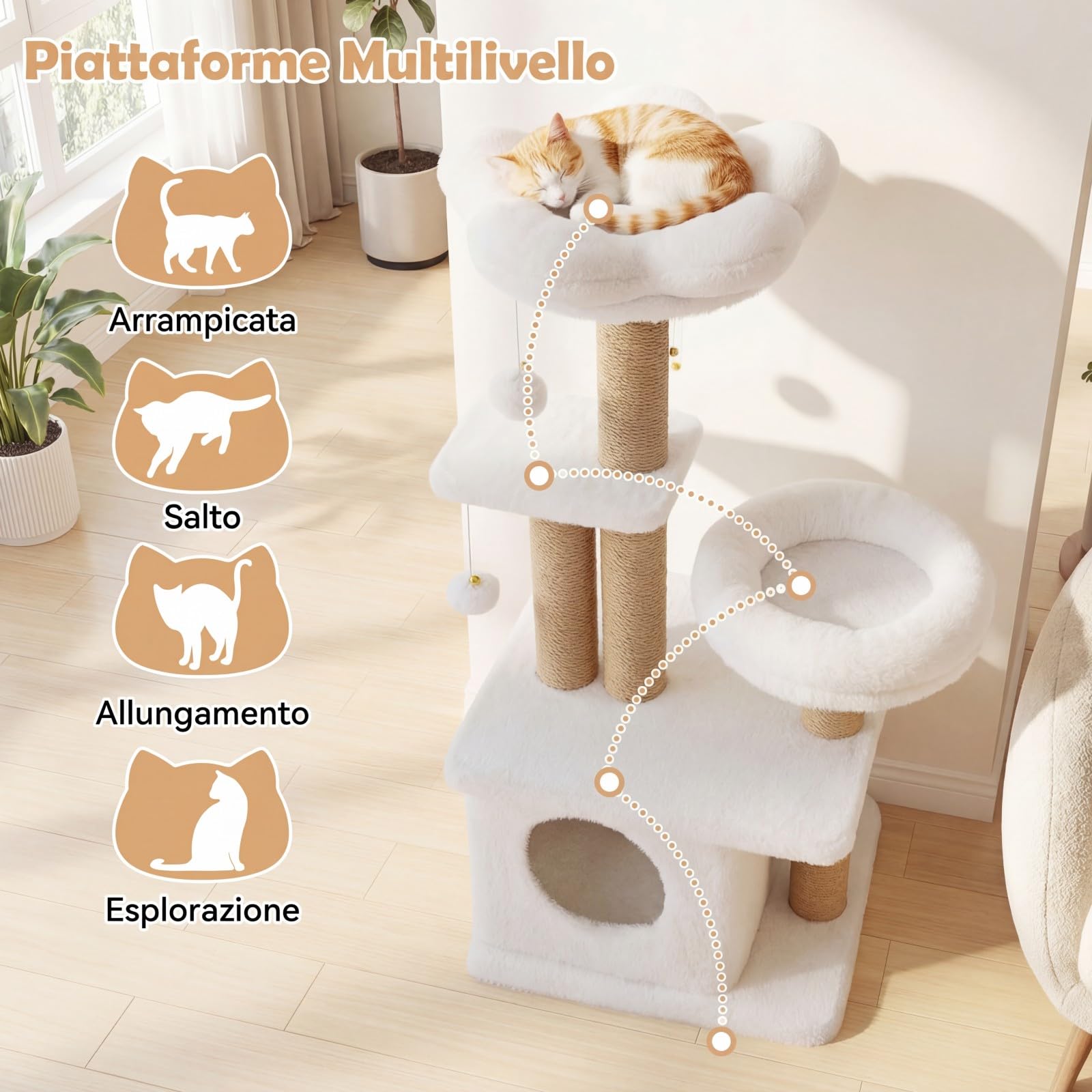 COSTWAY Albero per Gatti, Alberi Tiragraffi Alta 96 cm con Poggiolo Imbottito a Forma di Fiore, Condo Accogliente & Letto per Gatti, 2 Palline con Campanelli Appese & Posti per Graffiare (Bianco)