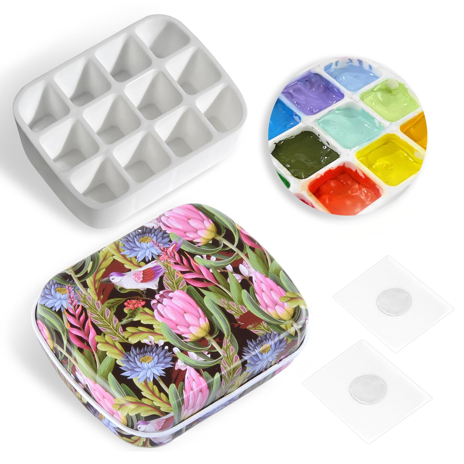 Mini Empty Portable Watercolor Tin Palette Paint Case with 12-Well Premium Plastic Mixing Tray,Small Paint Storage Travel Watercolor Artist Paints Palette Kits.Flowers and Birds