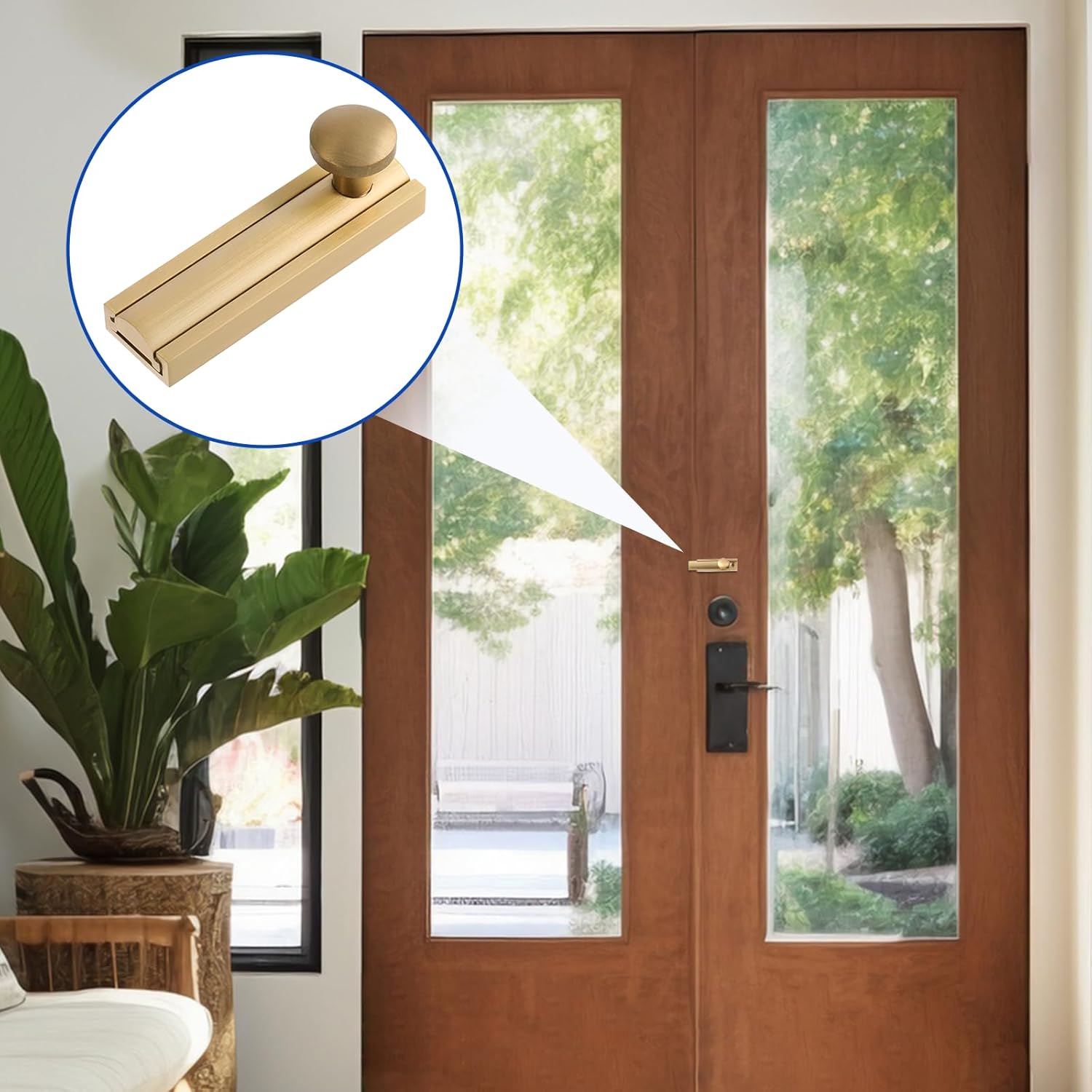 Solid Brass 2 Inch Surface Bolt Brass Slide Bolt Latch Hardware Slide Surface Door Bolt Brushed Gold Slide Latch Door Lock Bolt Heavy Duty French Door Lock for Recessed Doors, Flush Gates