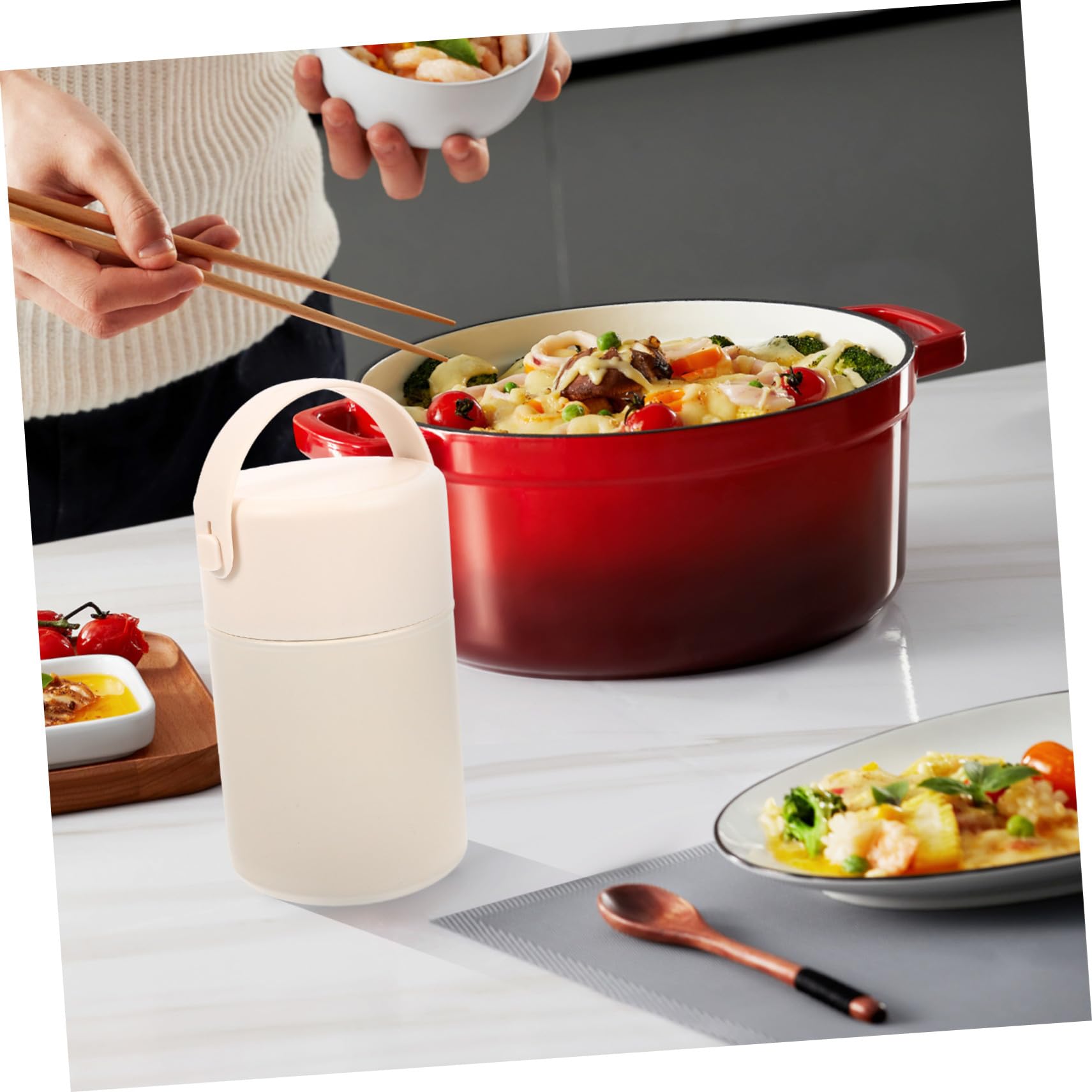 Tarro Aire Calor de al Actividades el Libre Mantiene Comida Térmico Acero Inoxidable 850ml Beige con Cuchara Asa, Fácil de Transportar