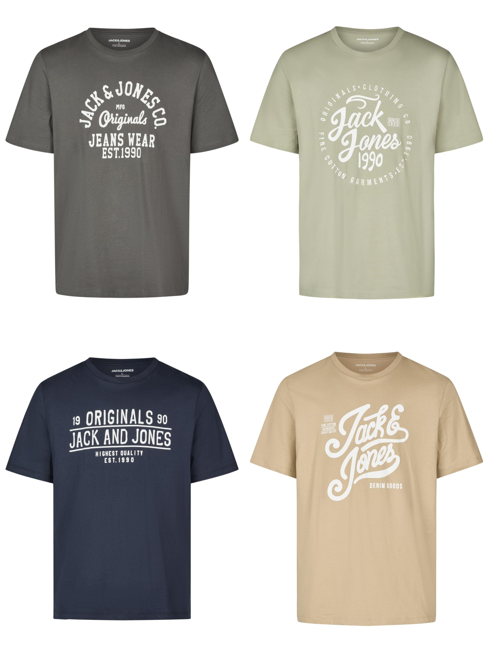 JACK & JONES Tshirt Herren Regular Fit JJLINO 4er Pack Set Pack Rundhals Kurzarm Sommer Tee Shirt Print Schwarz Weiß Grün Rot Blau Grau S M L XL XXL 3XL