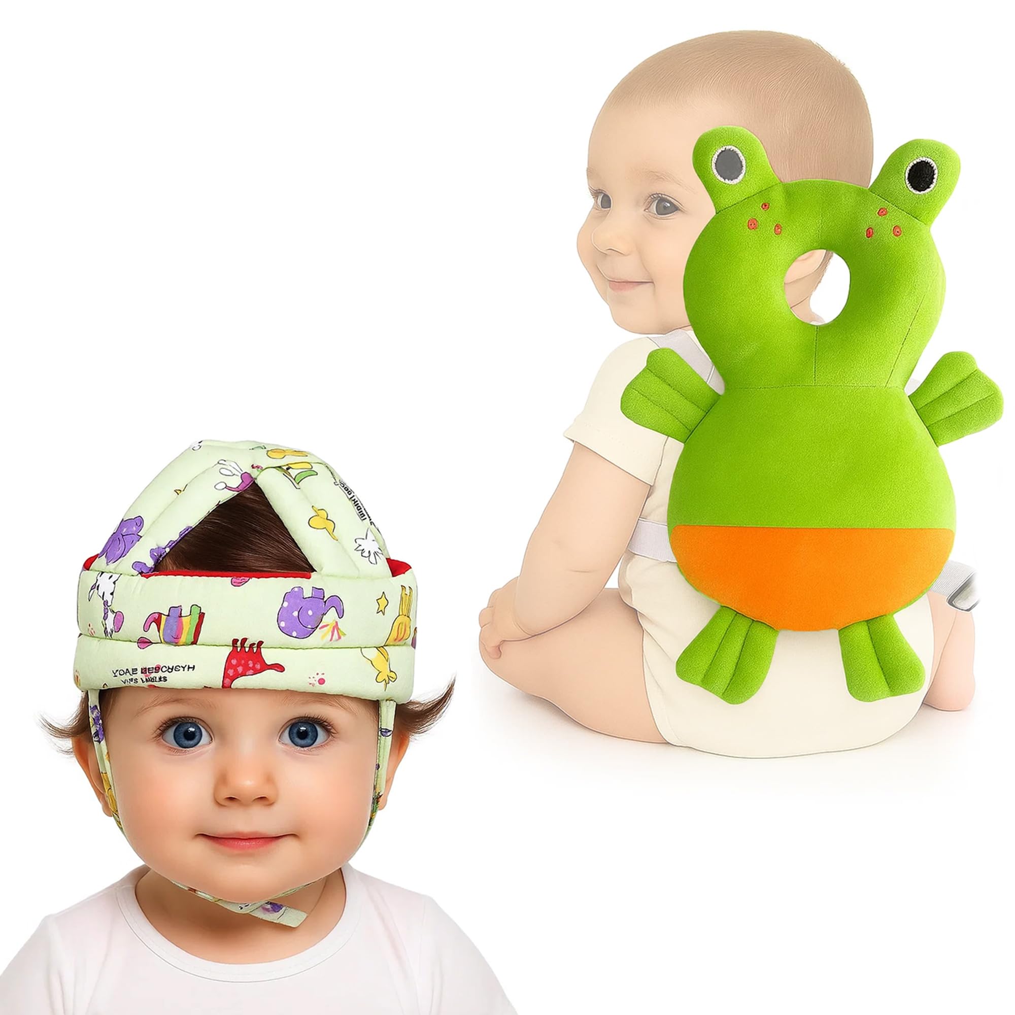 GLUN® Baby Back Protector with Head Protective Hat Combo Set, Cute Frog Shape Soft Cushioning, Adjustable Shoulder Belt, Head Protection Gear for 6-18 Month Toddler Kids