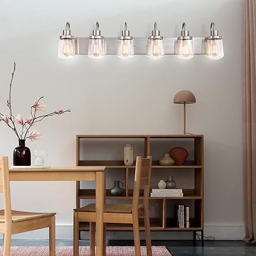 Miniatura 9 de YAOHONG Lámparas de tocador de baño en níquel satinado, 6 luces de tocador de granja con pantallas de vidrio transparente, accesorios de iluminación