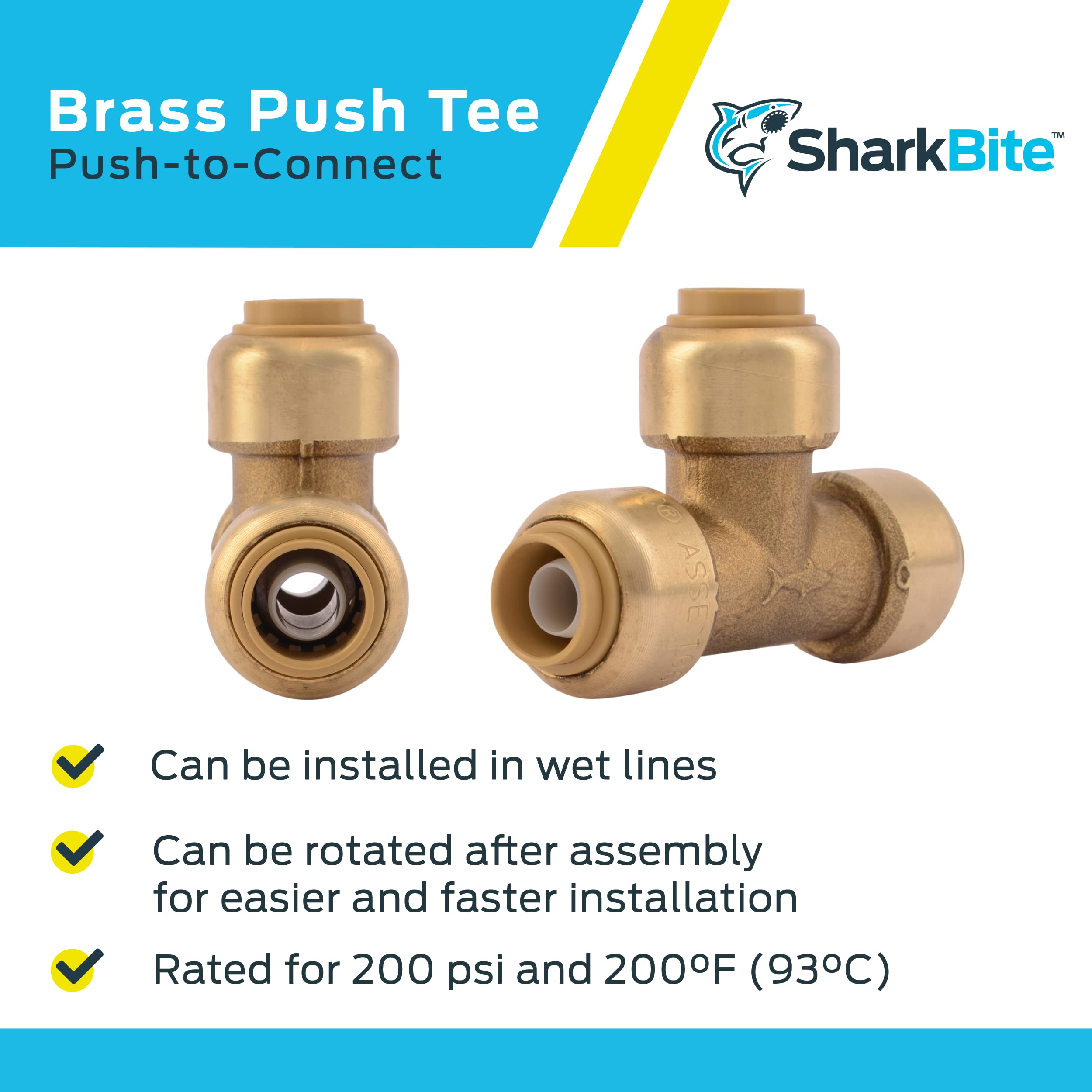 SharkBite T de 3/8 pulgadas (1/2 pulgada de diámetro exterior), paquete de 6, accesorio de fontanería de latón a presión, tubo PEX, cobre, CPVC, PE-RT, HDPE, U360LF