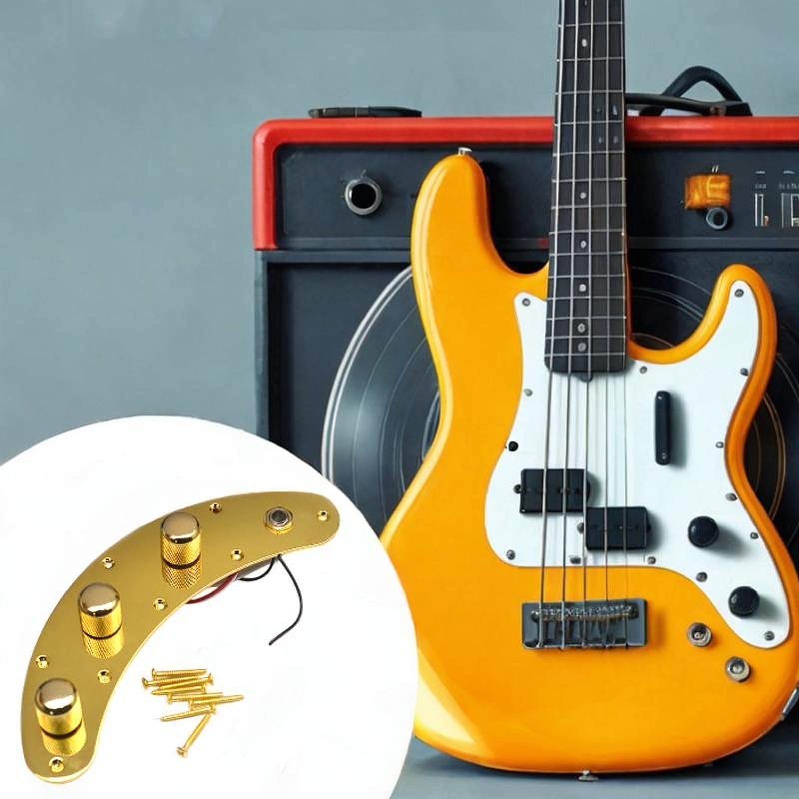 Garende Prewired Control Plate for Electric Bass,Bass Wiring Harness Plate Set, Music Parts with Switch Knob Fully Loaded Control, gold