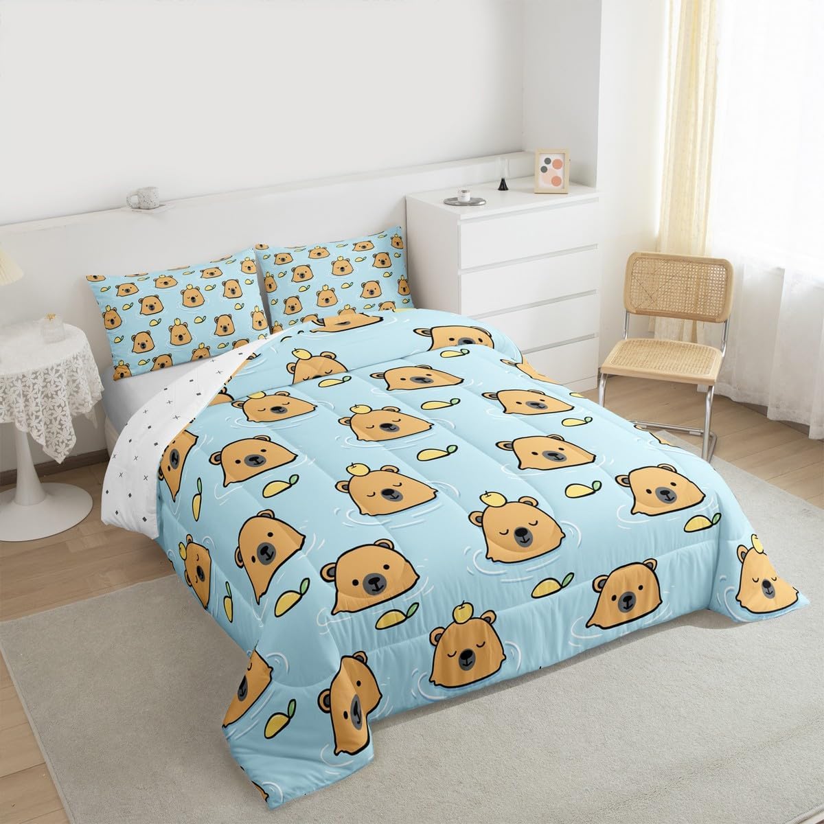 jejeloiu Capybaras Bedding Set Twin Size Cute Animals Orange Comforter Set for Kids Boys Girls Cartoon Funny Capybara Decor Comforter Microfiber Floral Duvet Set Bedroom Quilt Set