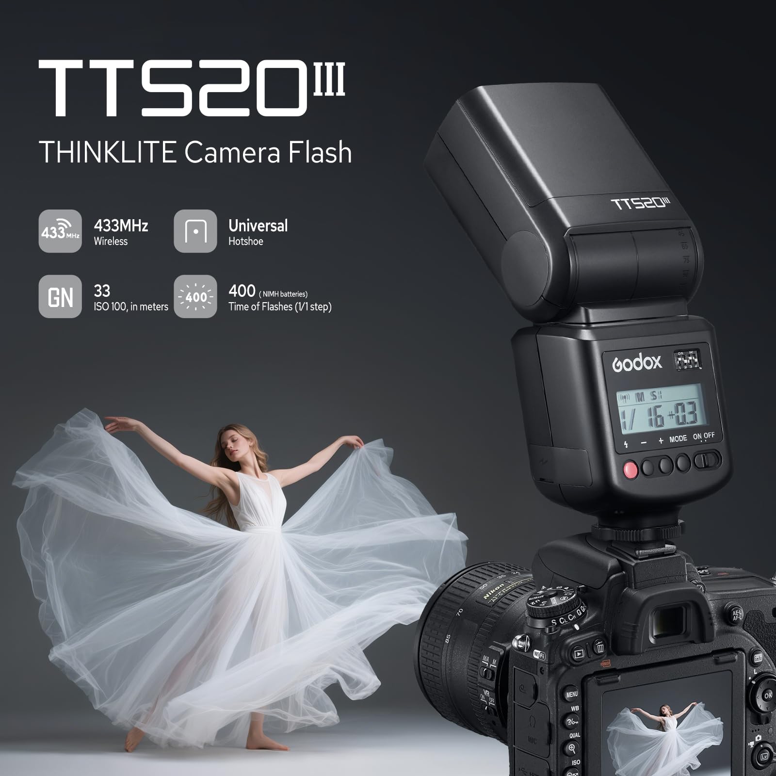 Godox TT520III Flash Speedlite GN33 Manuale per Fotocamera con RT-16 e S1 S2 PC Sync Canon Sony Fujifilm Nikon Panasonic Olympus