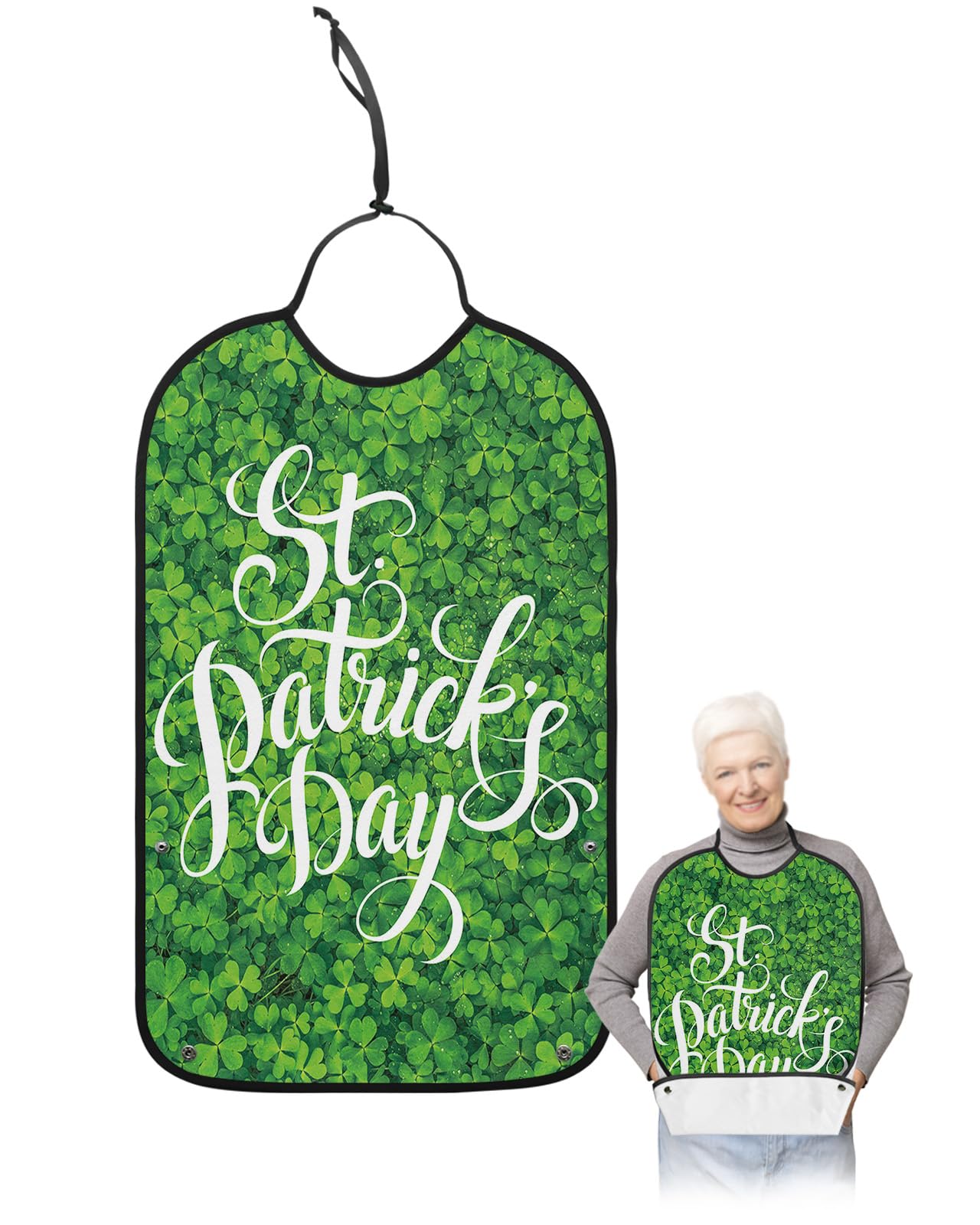 St. Patrick's Day Adult Bibs for Eating, Waterproof Bibs with Food Catcher & Adjustable Snap Closure, Lucky Green Clover Happy Saint Patrick's Day Clothing Protectors Adult Bibs for Elderly Women/Men