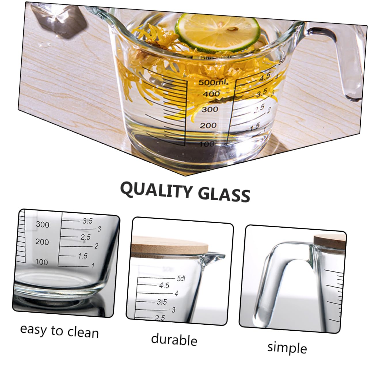 Hemobllo Pichet Doseur Pratique en Verre Résistant la Chaleur avec Échelle Graduée et Couvercle en Bois, Tasse à Mesurer pour Jus et Crème Cuisine