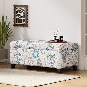 Sophisticated Blue Flower Luxury Storage Ottoman - Convenient Footrest & Extra Seating with Soft-Close Hinges, Hidden Compartment for Blankets/Pillows, Crafted from High