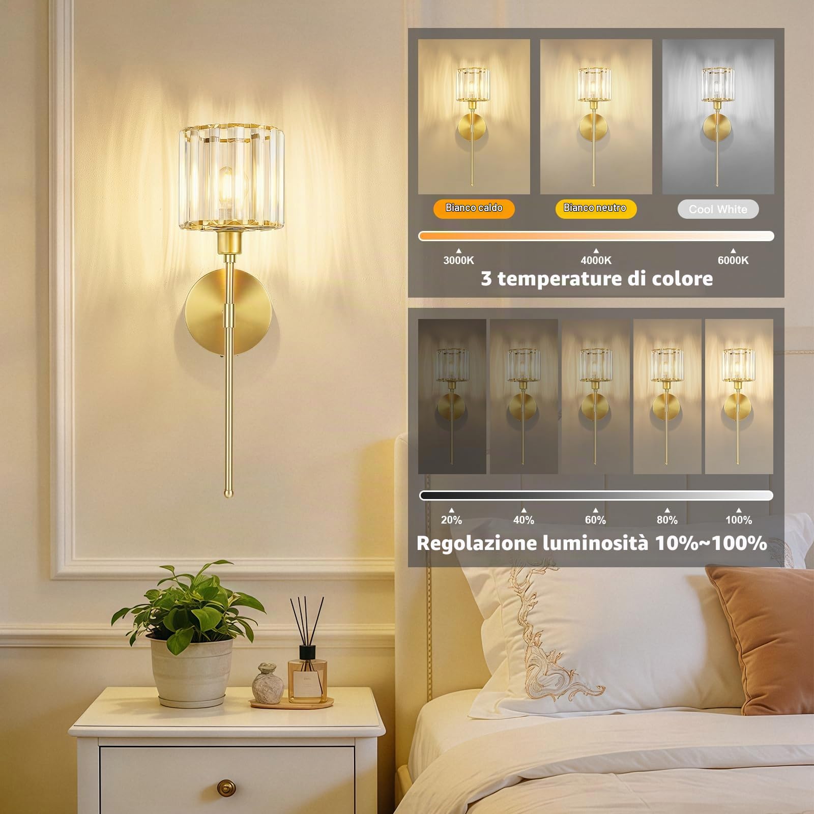 Kimjo Applique da Parete Interno LED, Dorata Lampada da Parete Ricaricabile | Applique Ricaricabile da Parete in Cristallo, 2 Pezzi Moderno Lampada da Parete Senza Fili, USB-C Dimmerabile Lampada da Muro