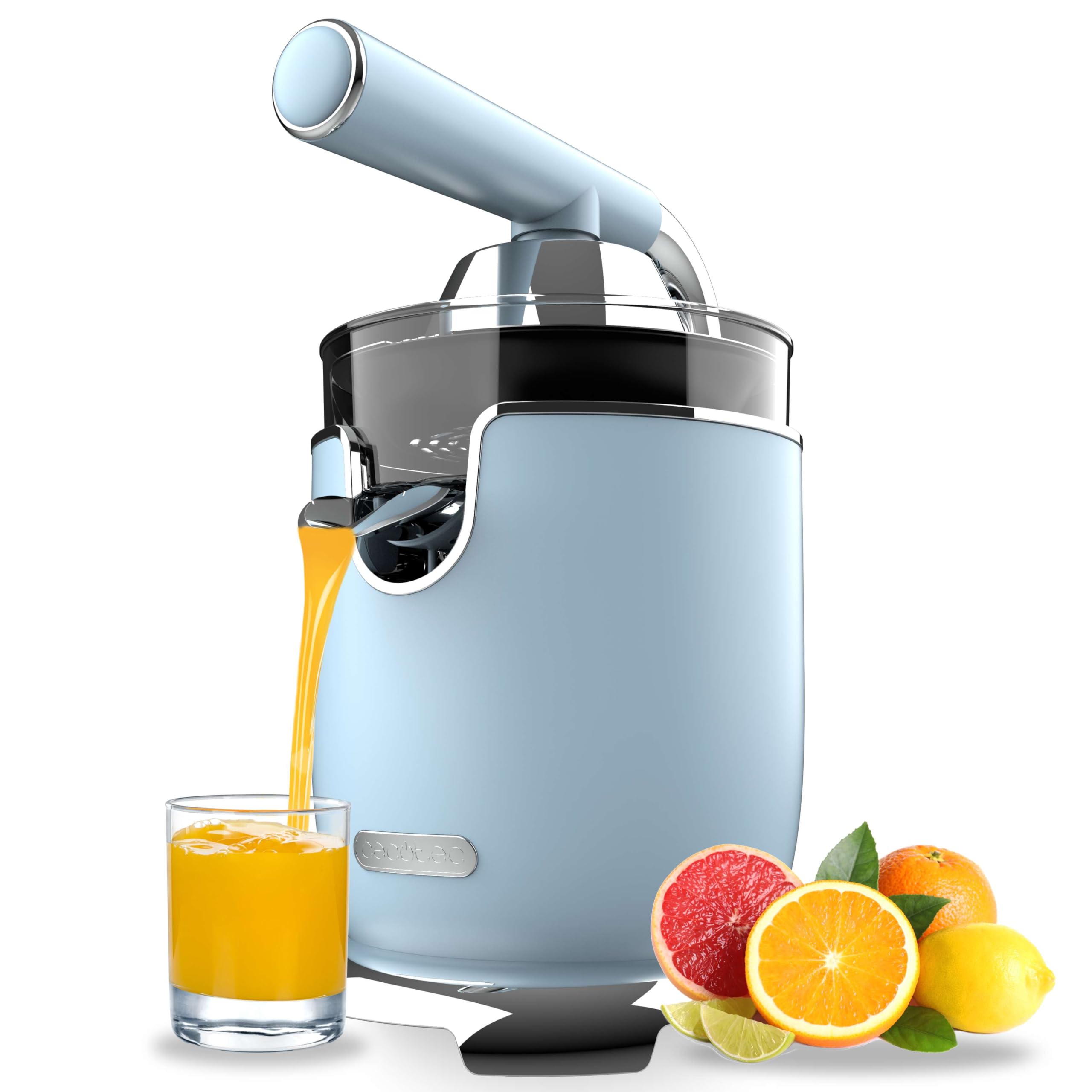 Cecotec Elektro-Zitruspresse - Orangen und Zitrusfrüchte - Xqueeze RetroJuice 1000 Blue. 1000W, Edelstahlfilter, 2 abnehmbare Konen in unterschiedlichen Größen, Hebel und Tropfstopp-System