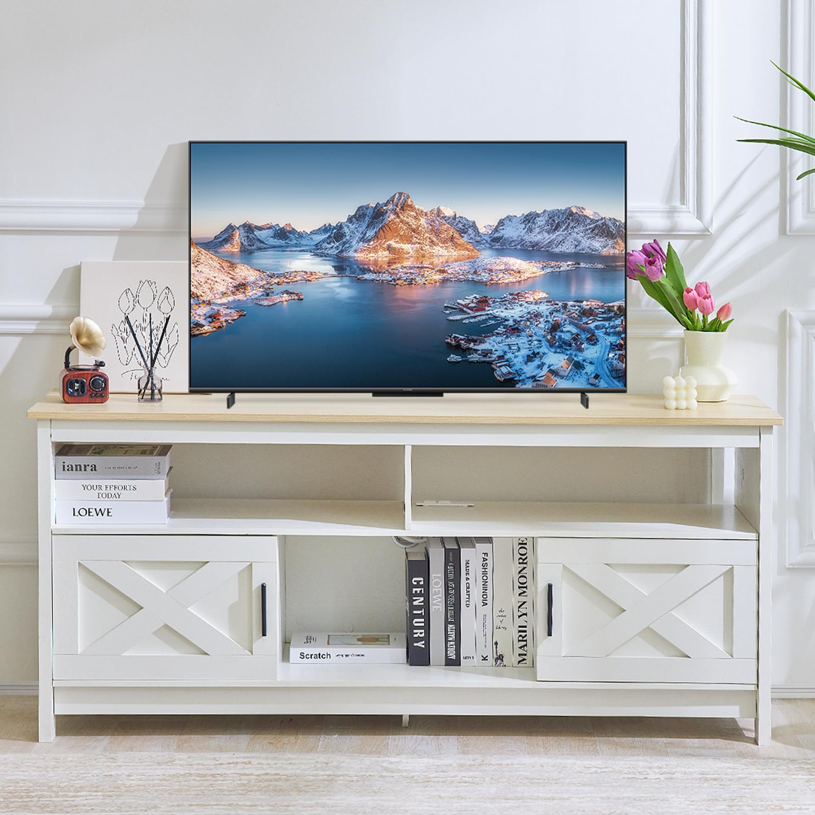 Furologee TV-Ständer Für Bis 55 Zoll Fernseher – Entertainment Center Mit Offenen Ablagen & Soundbar-Regal In Weiß