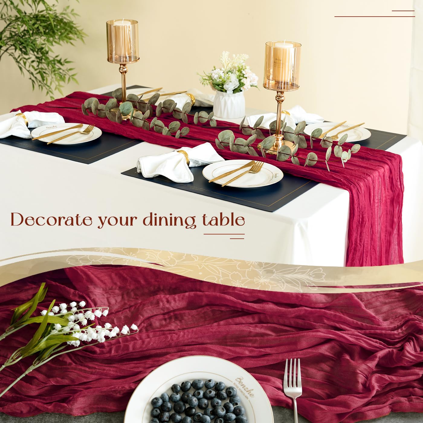 Paquete de 10 caminos de mesa de gasa de 10 pies, estilo bohemio, romántico, camino de mesa para boda, novia, fiesta de otoño, decoración de mesa (borgoña)