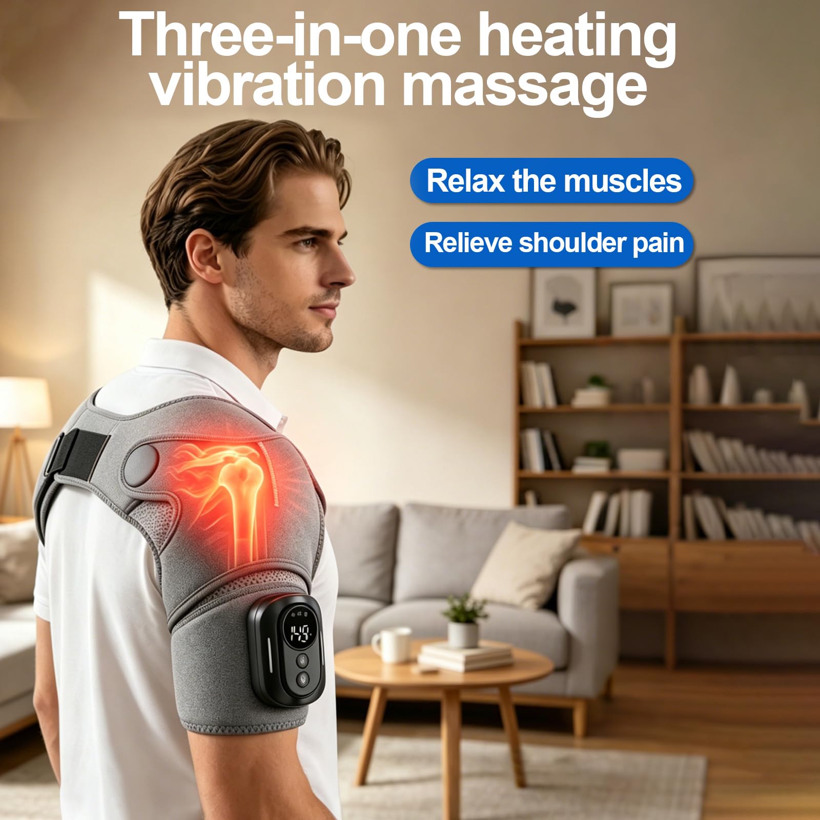 Masseur d'épaule, bandage d'épaule avec 5 niveaux de chaleur et 5 modes de vibration, appareil de massage d'épaule portable avec batterie 5000 mAh, avec télécommande, bandoulière réglable pour gauche