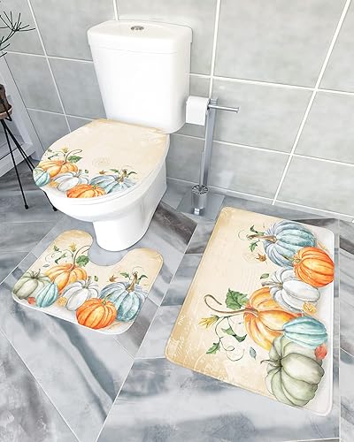 Miniatura 2 de Bathroom Rugs Sets 3 Piece Bath Mat,Fall Pumpkins Thanksgiving Watercolor Soft Non-Slip Bath Rug Set,Absorbent Shower Rugs Toilet Seat Cover