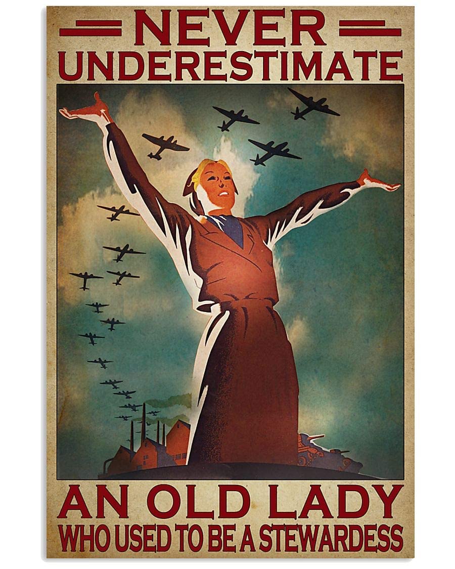 Yelacecca Never Underestimate An Old Lady Who Used To Be A Stewardess Funny Sign Funny Vintage Metal Sign Poster 8X12 Inches