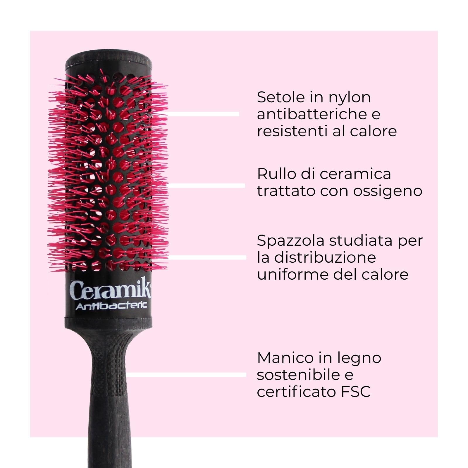 TEK Ceramik Oxy – Set di 6 spazzole rotonde (13/18/24/30/36/42 mm) – Cilindro in ceramica – Adatte a tutti i tipi di capelli – Made in Italy