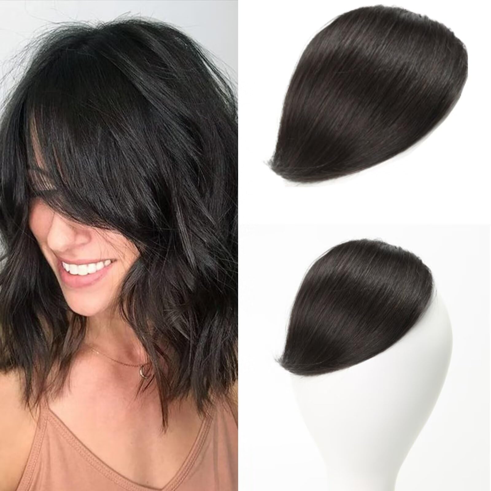 RUNRAYAY Thick Side Bangs Clip in Bangs Real Human Hair Bang Fringe Swept Bangs Extensions Clip on Bangs Fashion Natural Look Hairpiece for Girls Nature Black