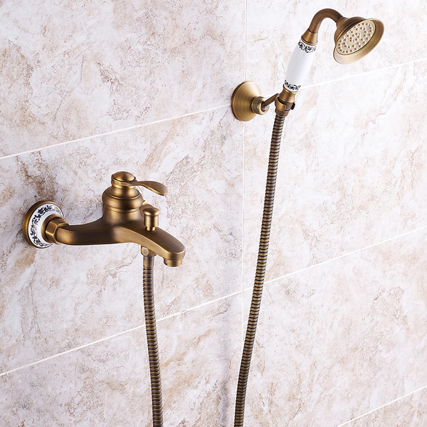 HomeLava Grifo de latón antiguo para bañera con ducha de mano, grifo de pared, diseño nostálgico