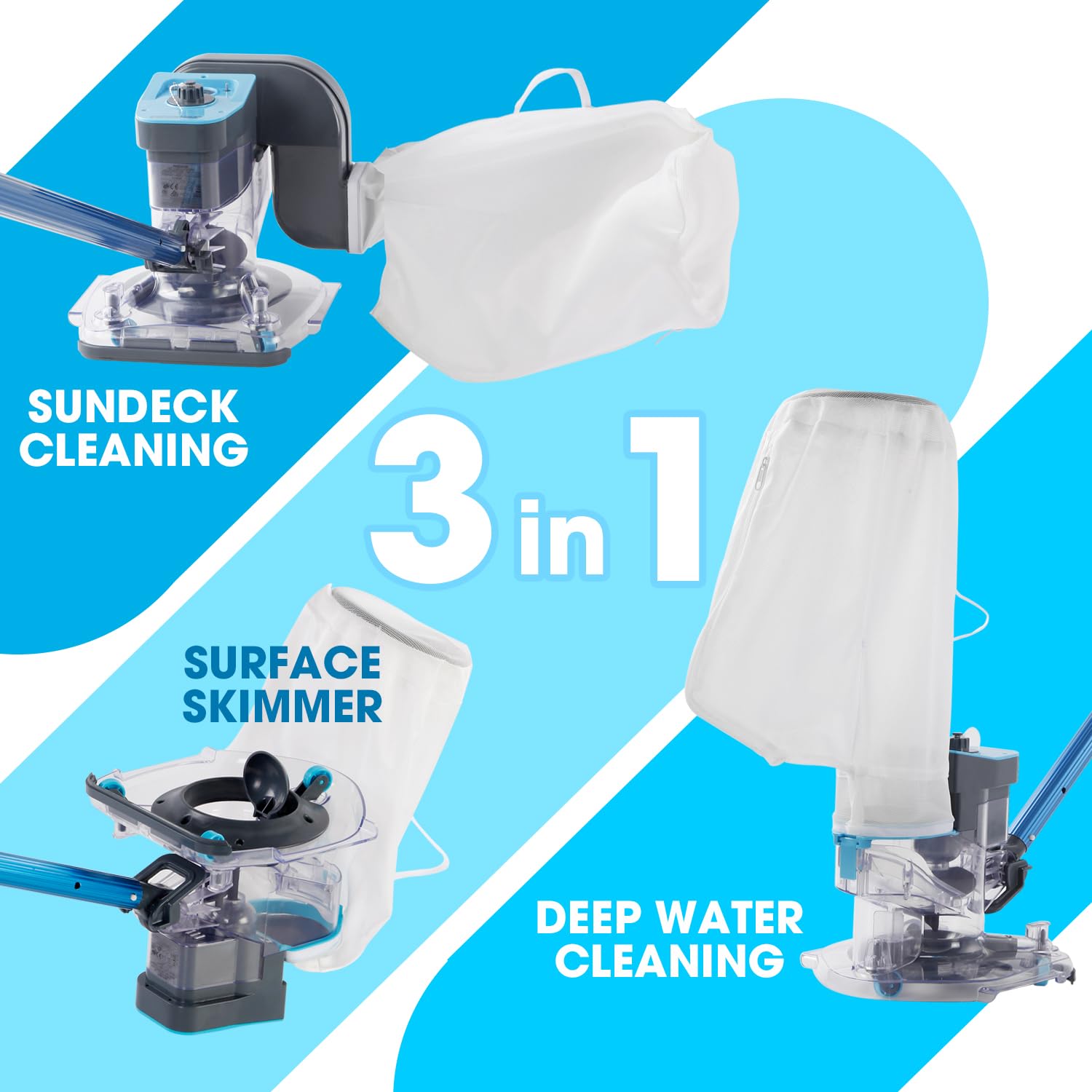 Poolcent Leaf Eater Plus, Heavy-Duty Cordless Rechargeable Pool Vacuum, Ultra Strong Suction, 3 in 1 Cleaning Solution – Deep, Shallow & Surface Skimmer, for Above Ground Pools & In Ground Pools