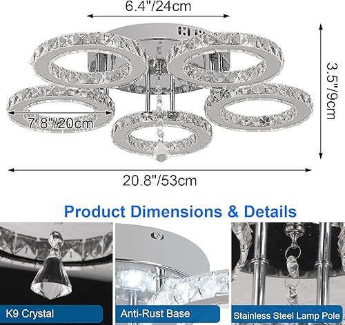 Miniatura 2 de Deckrico Lámpara de araña de cristal moderna LED de 5 anillos, montaje empotrado, lámpara de techo colgante de acero inoxidable para sala de estar,