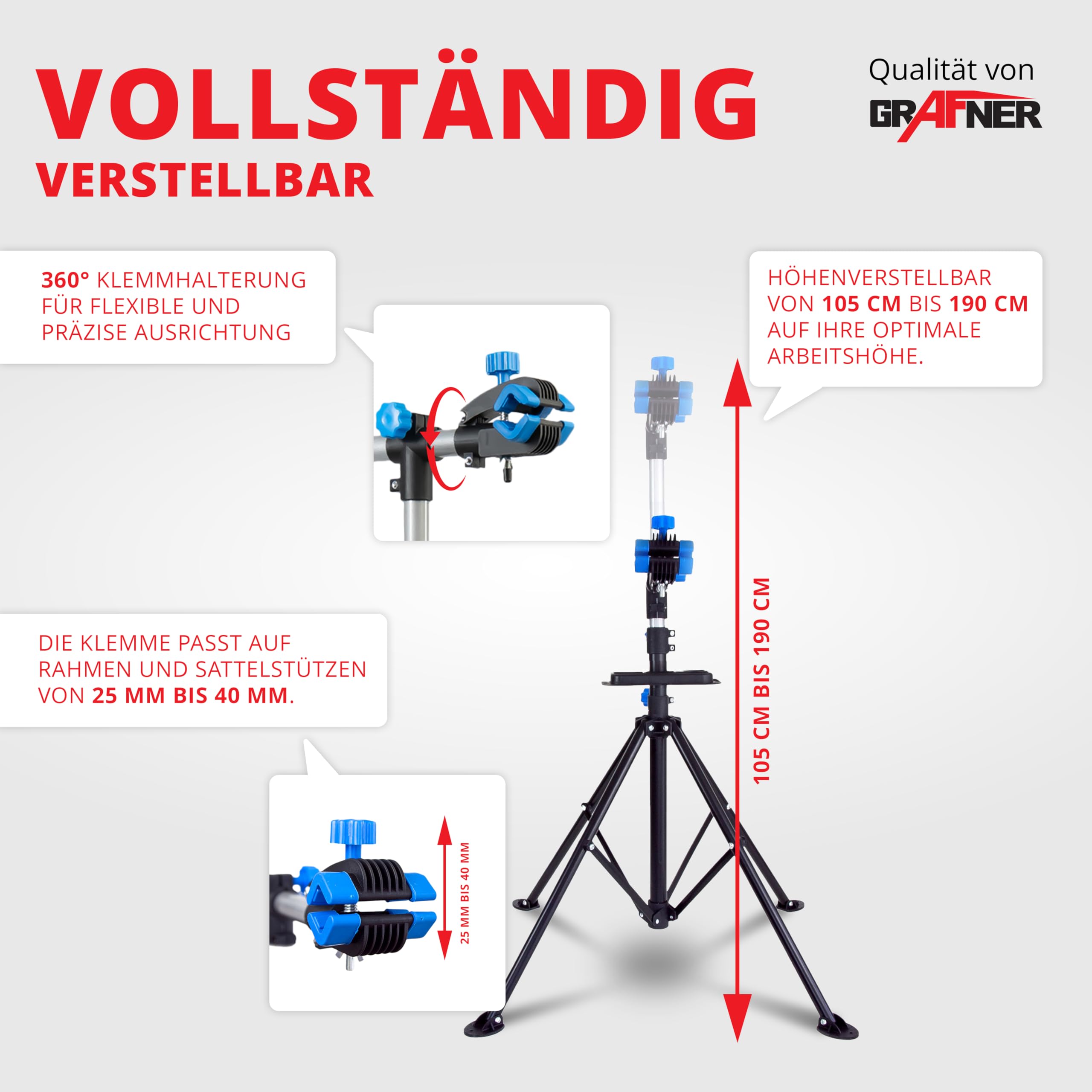 Grafner Montageständer für Fahrräder und Ebike, mit Werkzeugablage 105-190 cm, belastbar bis 30 kg, klappbar & höhenverstellbar, vierbeinig, robuste Ausführung, Reparaturständer Ebike